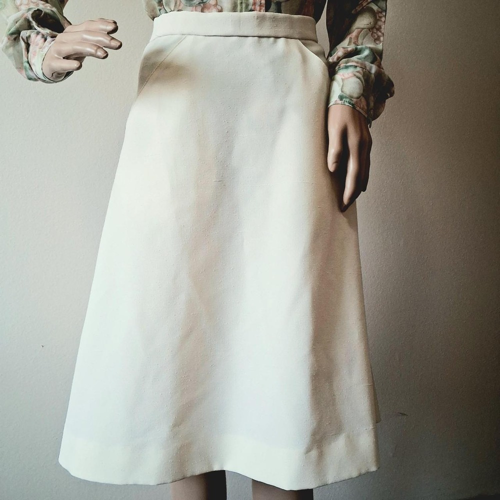 Vintage 70s Cream Faux Linen A-Line Midi Skirt 26"
